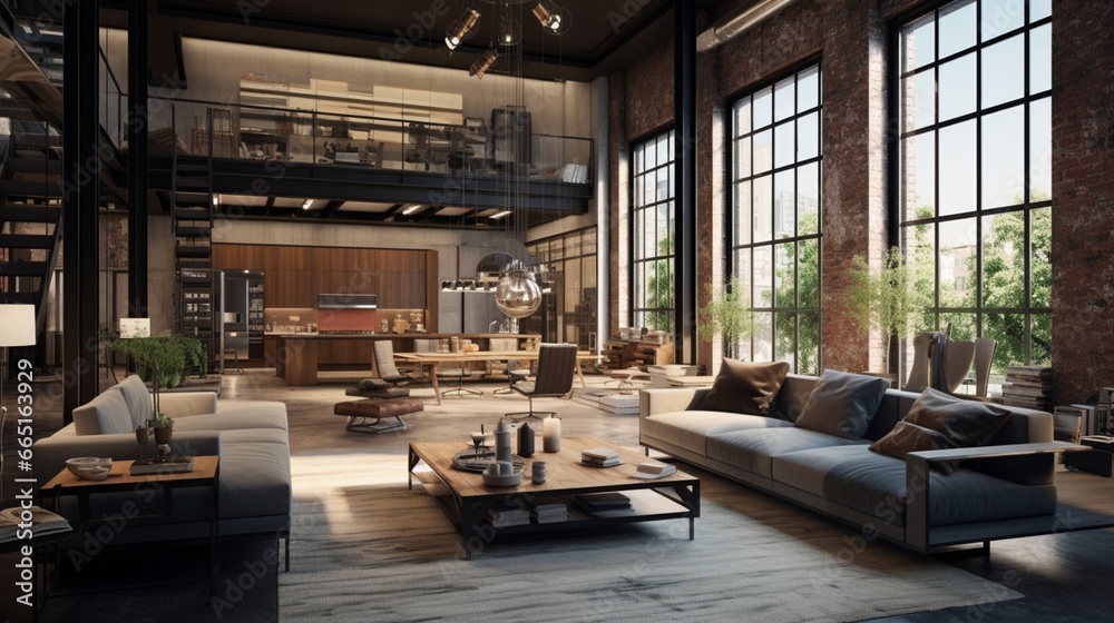 A stylish urban loft apartment with an open floor plan and industrial aesthetics.
