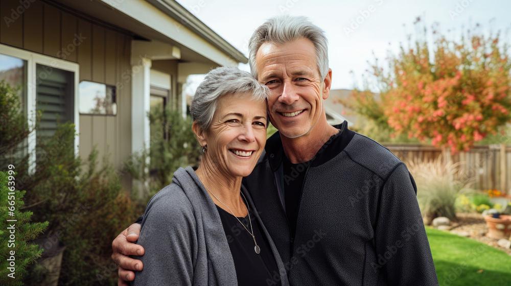 Fototapeta premium Portrait of a happy mature white couple in their home outdoors.