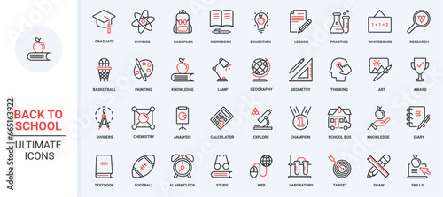Red black thin line icons set for school, college and university education. Laboratory equipment for training chemistry and physics, library books for students. Vector illustration.