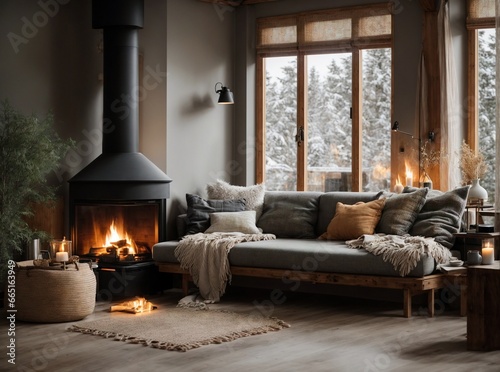 Cozy Modern Living Rustic Elegance, Gray Daybed Sofa by the Fireplace in Scandinavian Home Interior with Fireplace and Daybed