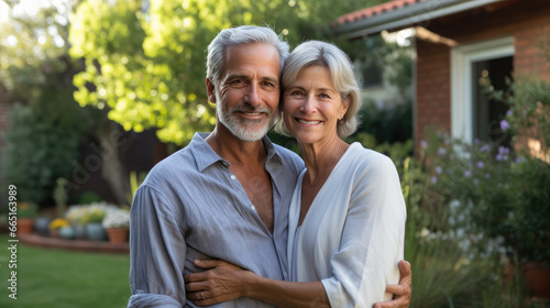 Portrait of a happy mature white couple in their home outdoors. © Farnaces