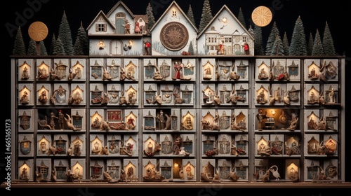 A traditional Advent calendar with tiny doors, counting down the days until Christmas with small surprises inside photo