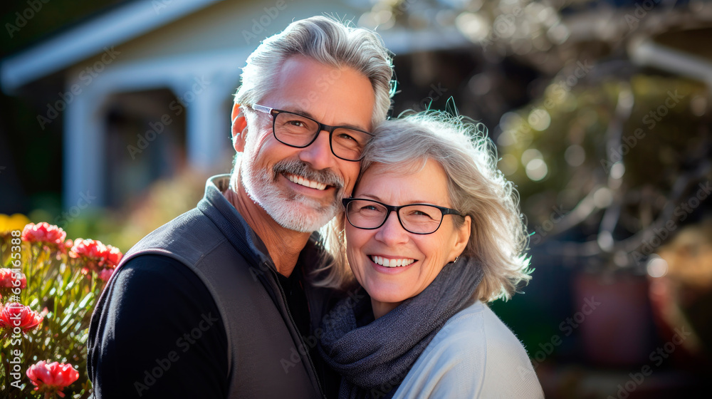 Portrait of a happy mature white couple in their home outdoors.