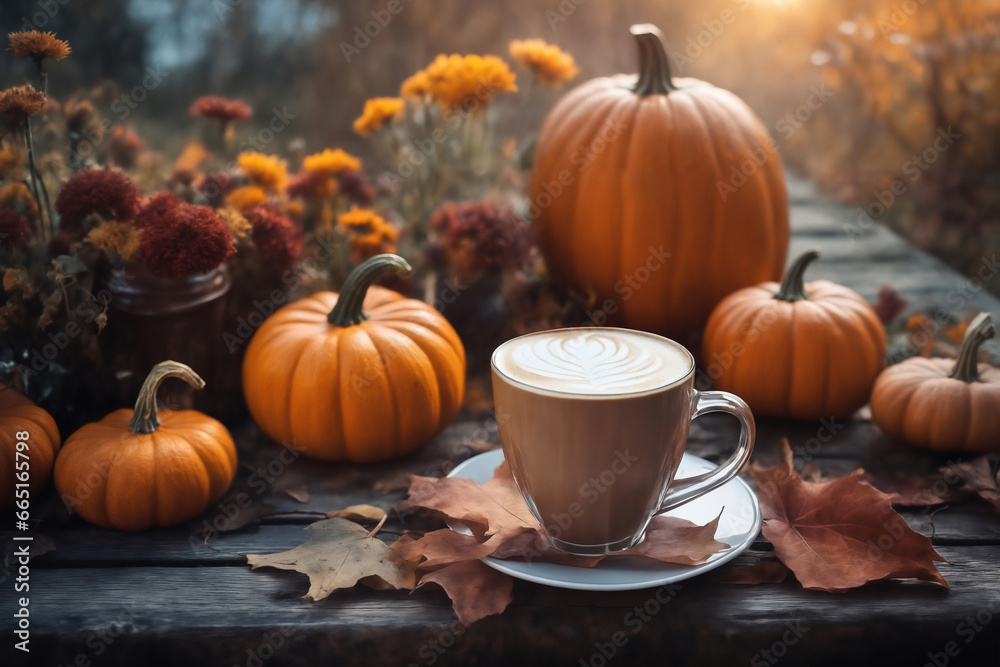 still life of a cup of hot latte and pumpkins on an old wooden table against the background of beautiful autumn nature at sunset, decoration for Halloween still life of a cup of hot latte and pumpkins on an old wooden table against the background of beautiful autumn nature at sunset, decoration for Halloween