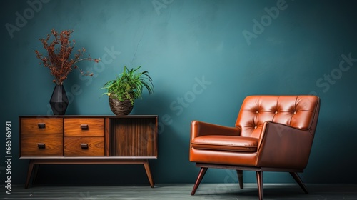 Commode with chair and decor in living room interior.