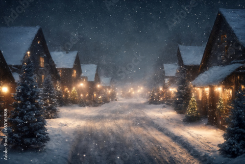 city street, houses are decorated with lights and Christmas trees in winter, New Year holiday, everything is covered with snow, cloudy sky at night, blizzard