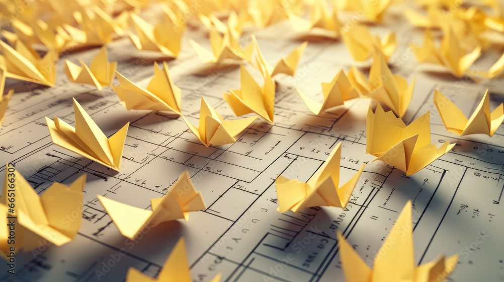 School notebook background. 3d flying yellow paper airplanes. Vector ...