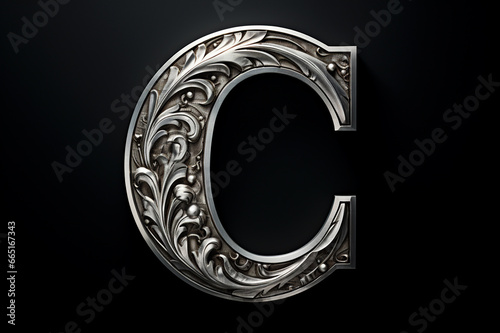 Old silver font design, alphabet letter C with metal texture and decorative floral pattern isolated on black background
