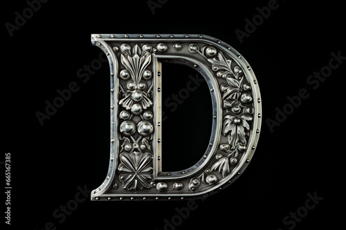 Old silver font design, alphabet letter D with metal texture and decorative floral pattern isolated on black background