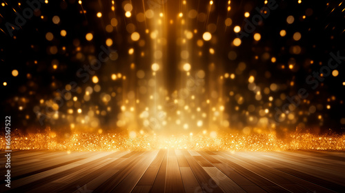 Golden bokeh scene background with golden glittering lights on wooden floor
