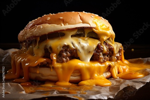 juicy burger with melted cheesy sauce. Generative AI photo