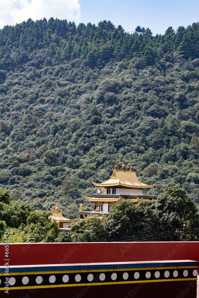 Pharping, Nepal: view of the Dollu monastery, tibetan monastery in the middle of the forest, seen from the monastery of Guru Rinpoche (Padmasambhava)