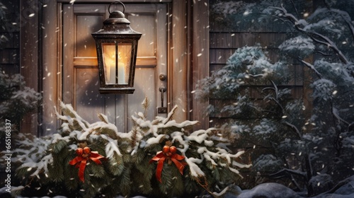 A vintage lantern casting a warm glow on a snowy porch, surrounded by holly and evergreen branches
