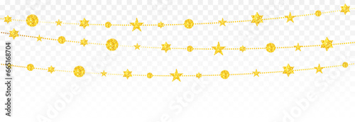 Christmas decoration png. Vector golden garland png. Garland with shiny toys. Gold decorations, sparkling toys.
