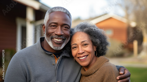 Portrait of a happy mature black couple in their home outdoors.