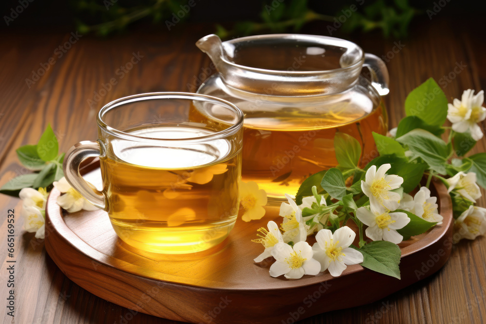 Tea with jasmine on a wooden stand on a table with fresh flowers Tea with jasmine on a wooden stand on a table with fresh flowers