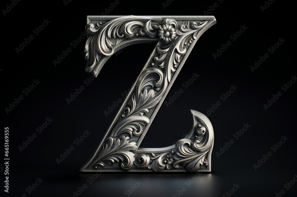 Old silver font design, alphabet letter Z with metal texture and decorative floral pattern isolated on black background - obrazy, fototapety, plakaty 
