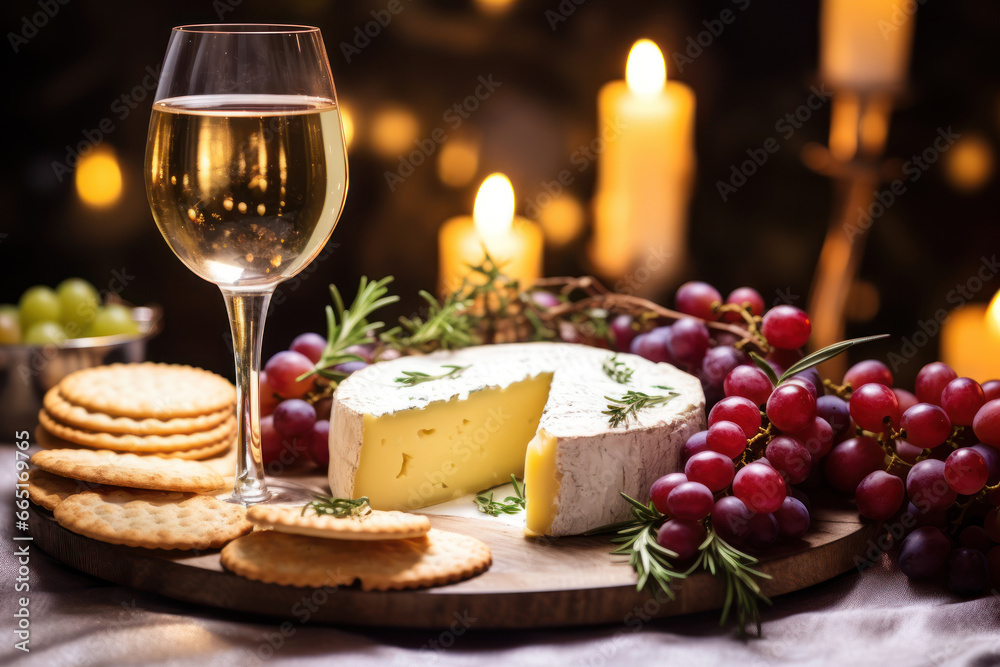 White wine, aged cheese, crackers, grapes and candles