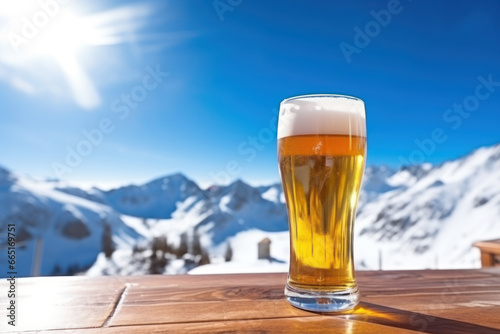 A glass of fresh foamy light beer on the table of a ski resort cafe on a sunny day photo
