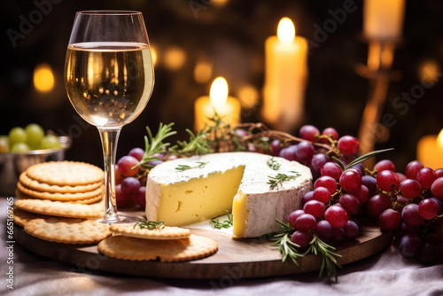 White wine  aged cheese  crackers  grapes and candles