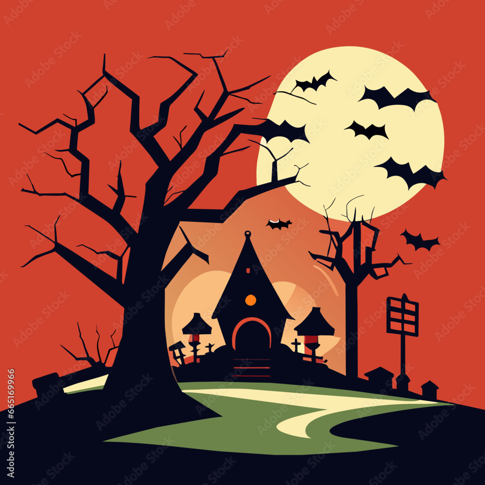 halloween house with tree and moon