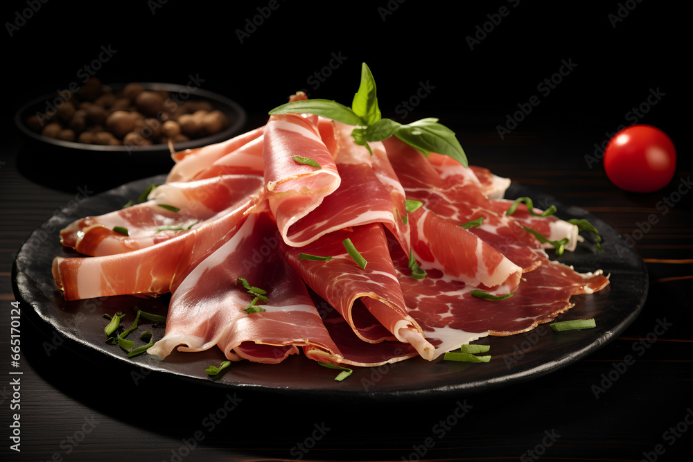 Slices of Prosciutto di Parma on a Black Plate Slices of Prosciutto di Parma on a Black Plate