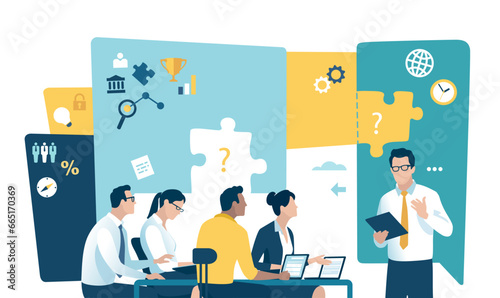 Education, presentation meeting illustration. The business team listens to the teacher, male leader.
