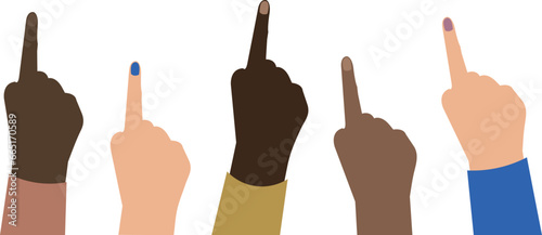 a lot of hands are pointing up. free space, art board, flat illustration with people, ethnic diversity
