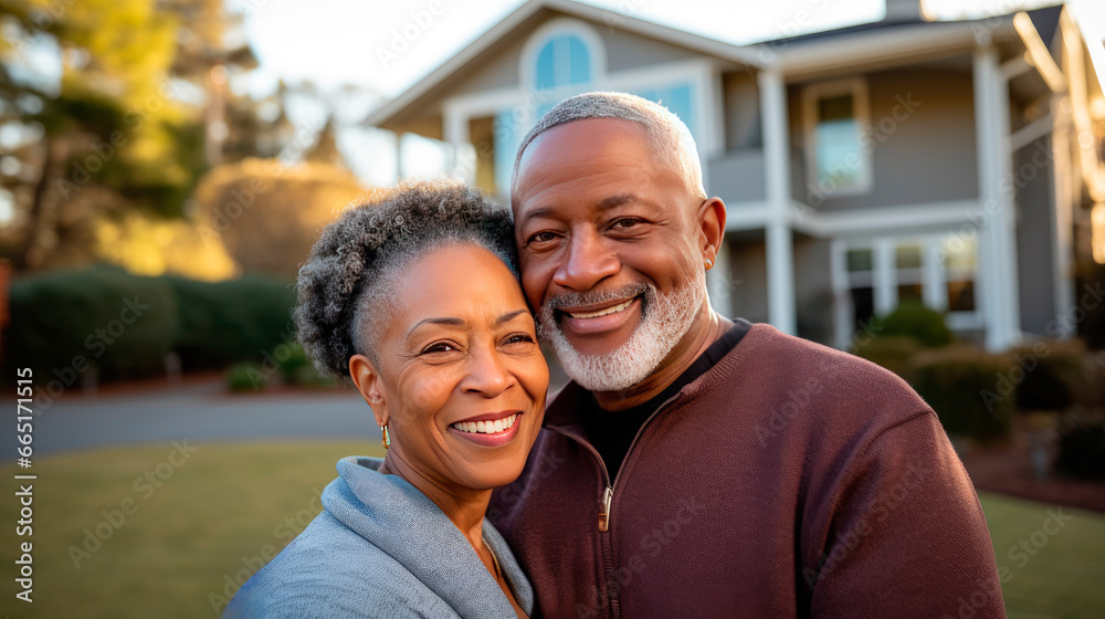 Portrait of a happy mature black couple in their home outdoors.