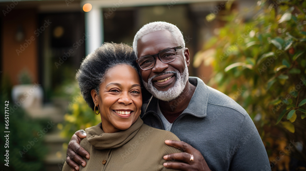 Portrait of a happy mature black couple in their home outdoors. - obrazy, fototapety, plakaty 