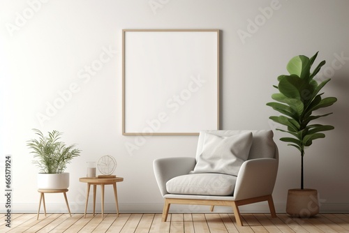 Cozy interior featuring white walls, wooden floor, comfy armchair, plant in vase, and a poster frame mock-up. Generative AI © Ilya