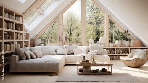 An airy attic living room with Scandinavian design elements, showcasing a blend of textiles, textures, and soothing colors.