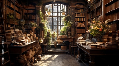 An antique bookshop, shelves filled with dusty tomes and the scent of history in the air. photo