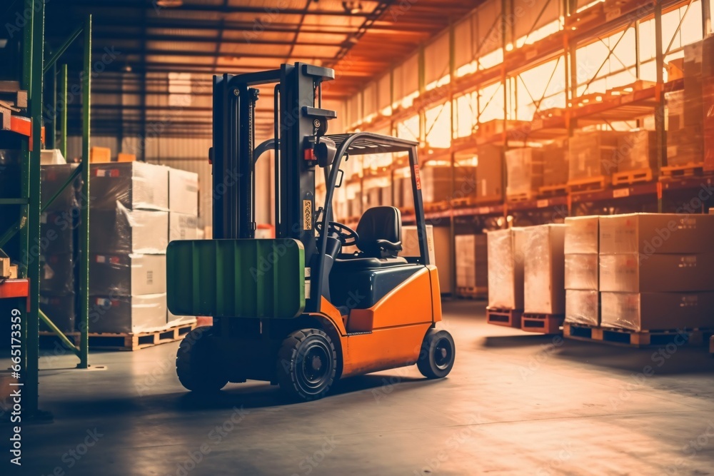 Forklift loader in warehouse. Distribution warehouse. Industrial background. Package tracking. Warehouse space. Logistics ways.
