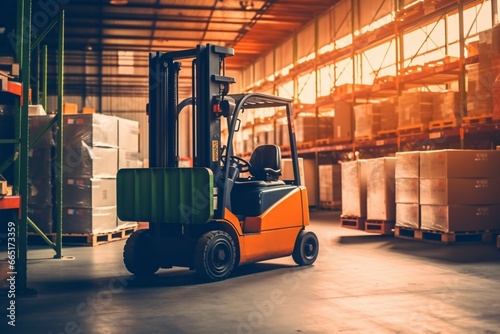 Forklift loader in warehouse. Distribution warehouse. Industrial background. Package tracking. Warehouse space. Logistics ways. 