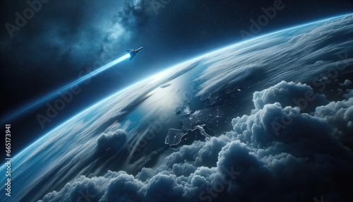 Rocket launch from the Earth orbiting planet through the clouds with a bright glow of the engine and a bright blue nebula galaxy on the background