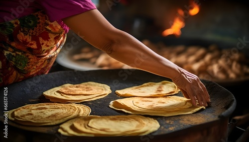 Mexican woman making tortillas on the comal – close up