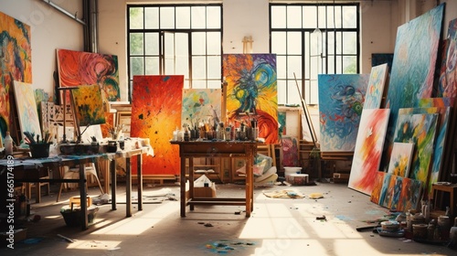 An art studio with colorful canvases, creative chaos, and inspirational quotes.