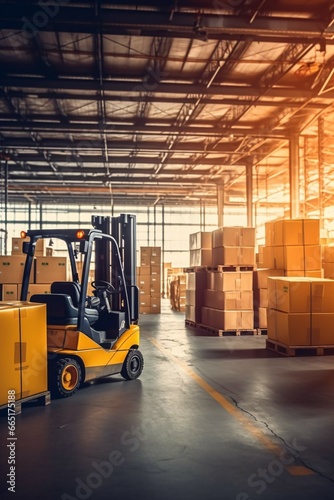 Forklift loader in warehouse. Distribution warehouse. Industrial background. Package tracking. Warehouse space. Logistics ways.  © vachom