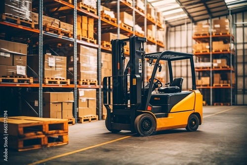 Forklift loader in warehouse. Distribution warehouse. Industrial background. Package tracking. Warehouse space. Logistics ways.  © vachom