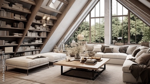 An enchanting attic living room with a Scandinavian touch, where simplicity meets elegance, and the sloped ceiling adds a unique architectural dimension. © nomi_creative