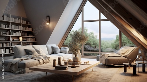 An enchanting attic living room with a Scandinavian touch, where simplicity meets elegance, and the sloped ceiling adds a unique architectural dimension.