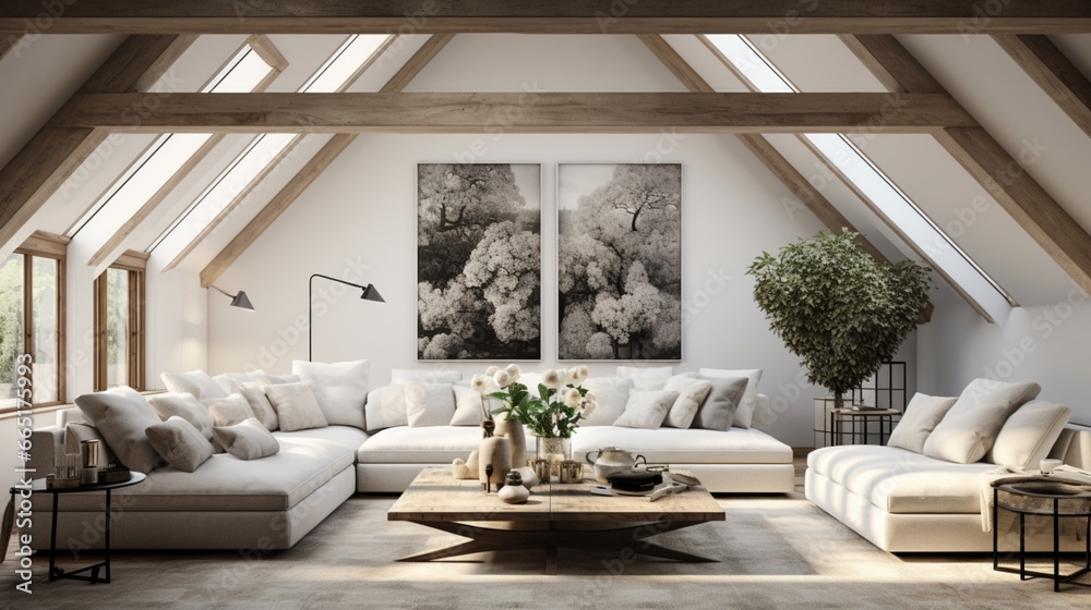 An image of a chic Scandinavian attic living room with high, beamed ceilings, adorned with tasteful artwork and textiles. - obrazy, fototapety, plakaty 
