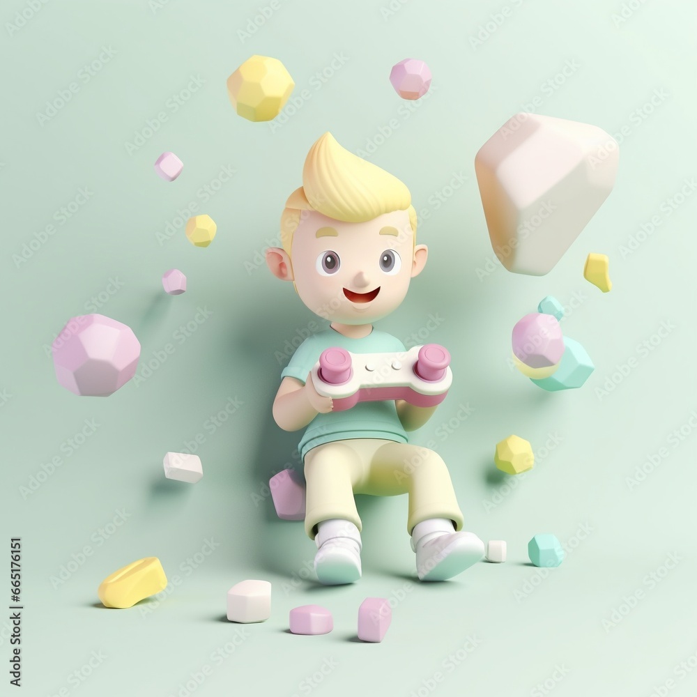 3d rendering of A cartoon little boy playing a video game 3d rendering of A cartoon little boy playing a video game