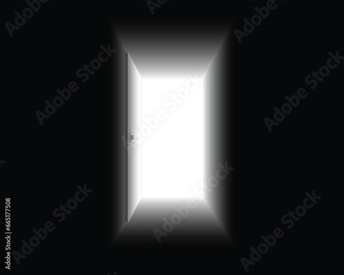 vector design of a hallway that is very dark all around but there is a bright white door with a bright light shining