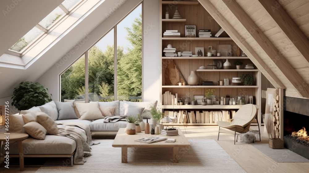 An image of a Scandinavian-inspired attic living room, characterized by the use of natural materials and a sense of openness.