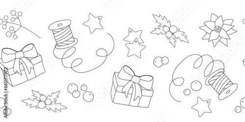 Set of Christmas images for coloring book. Black and white gifts, stars, branches of berries, poinsettia. Cartoon vector illustration for wrapping paper, packaging design, print. Seamless border.