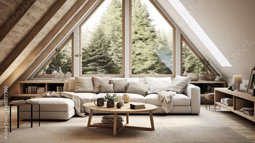 An image of a Scandinavian attic living room with a vaulted ceiling, displaying a balance of natural materials and contemporary elegance.