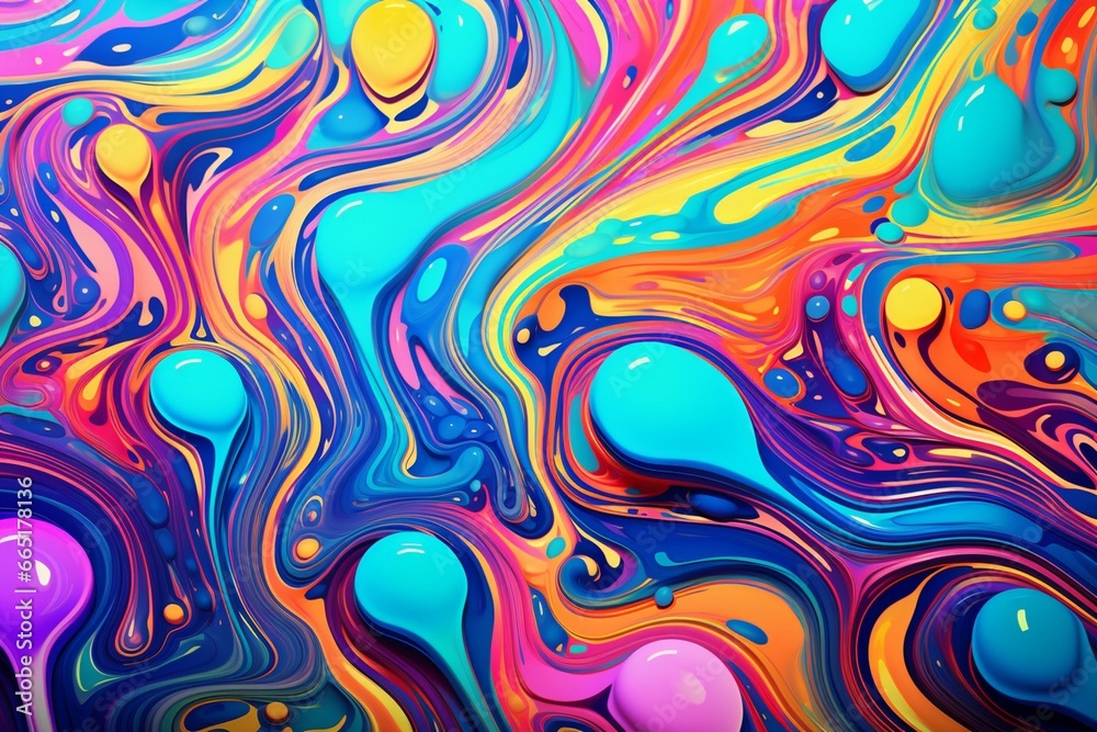 Vibrant liquid with mesmerizing patterns, creating a trippy background reminiscent of psychedelia. Generative AI