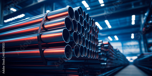 A stack of steel pipes in a warehouse or factory with a blurry background. 